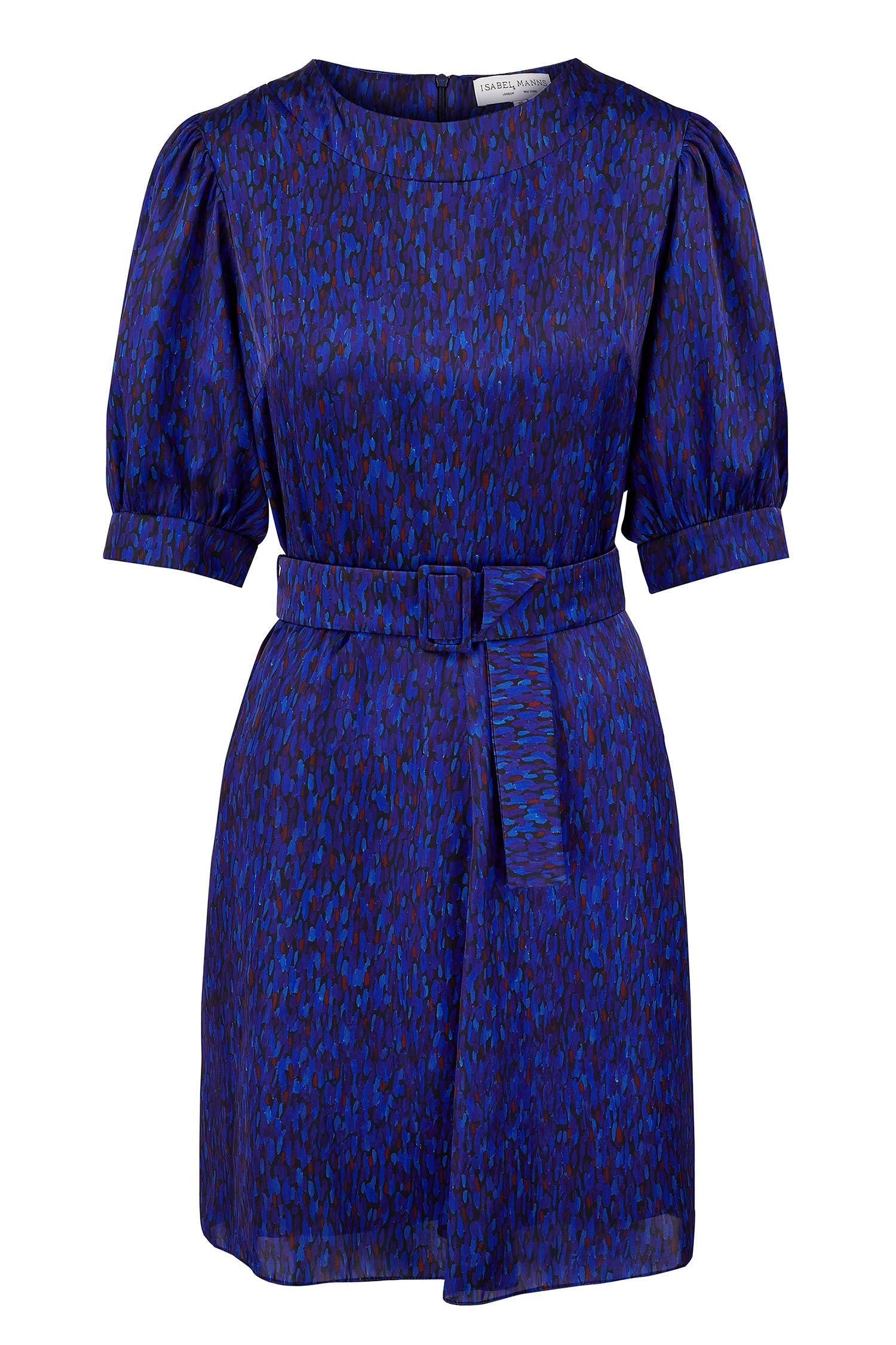 Flecked sapphire short a-line dress with elbow length sleeves