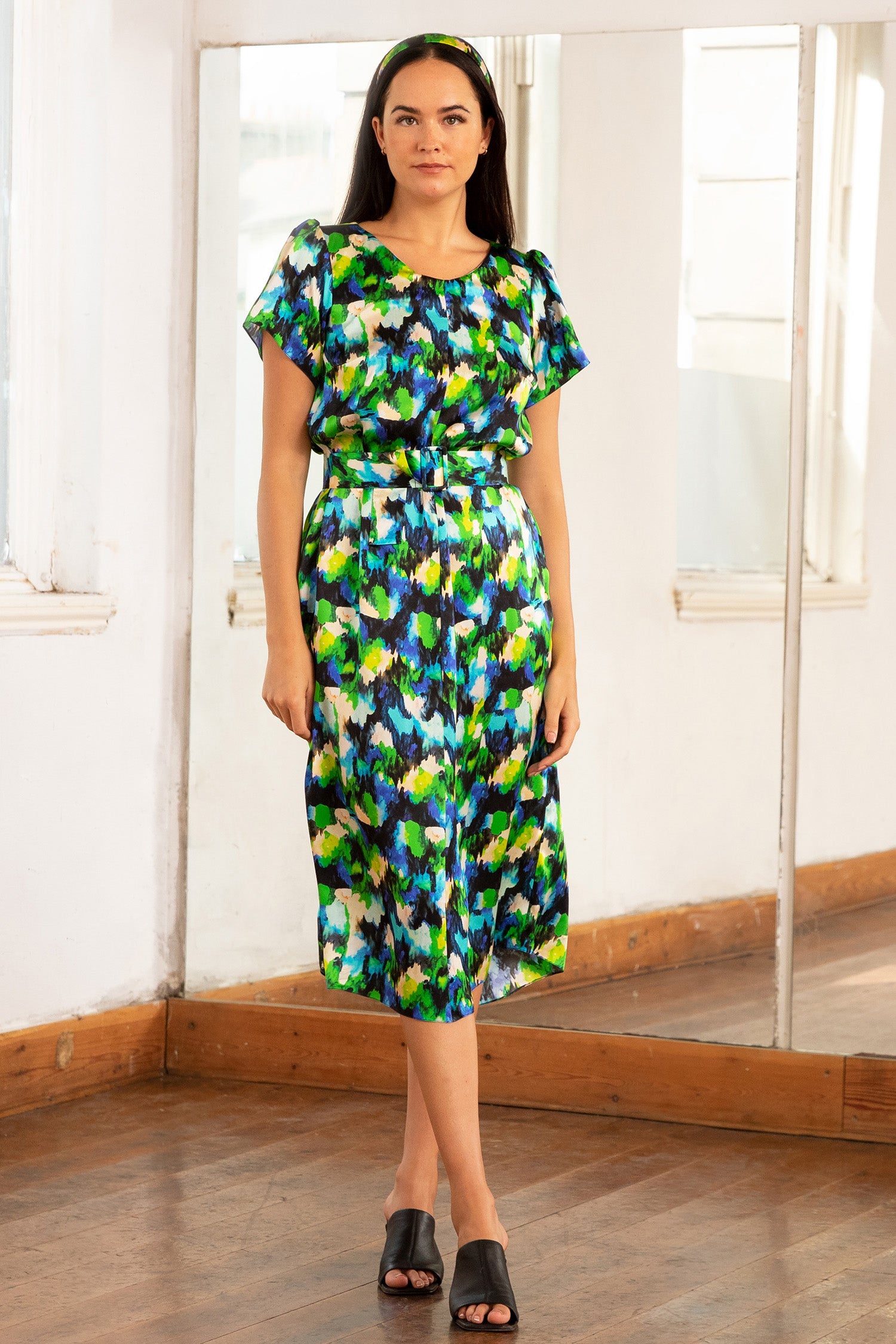 Alicia Silk Satin Dress Miami Splash front view