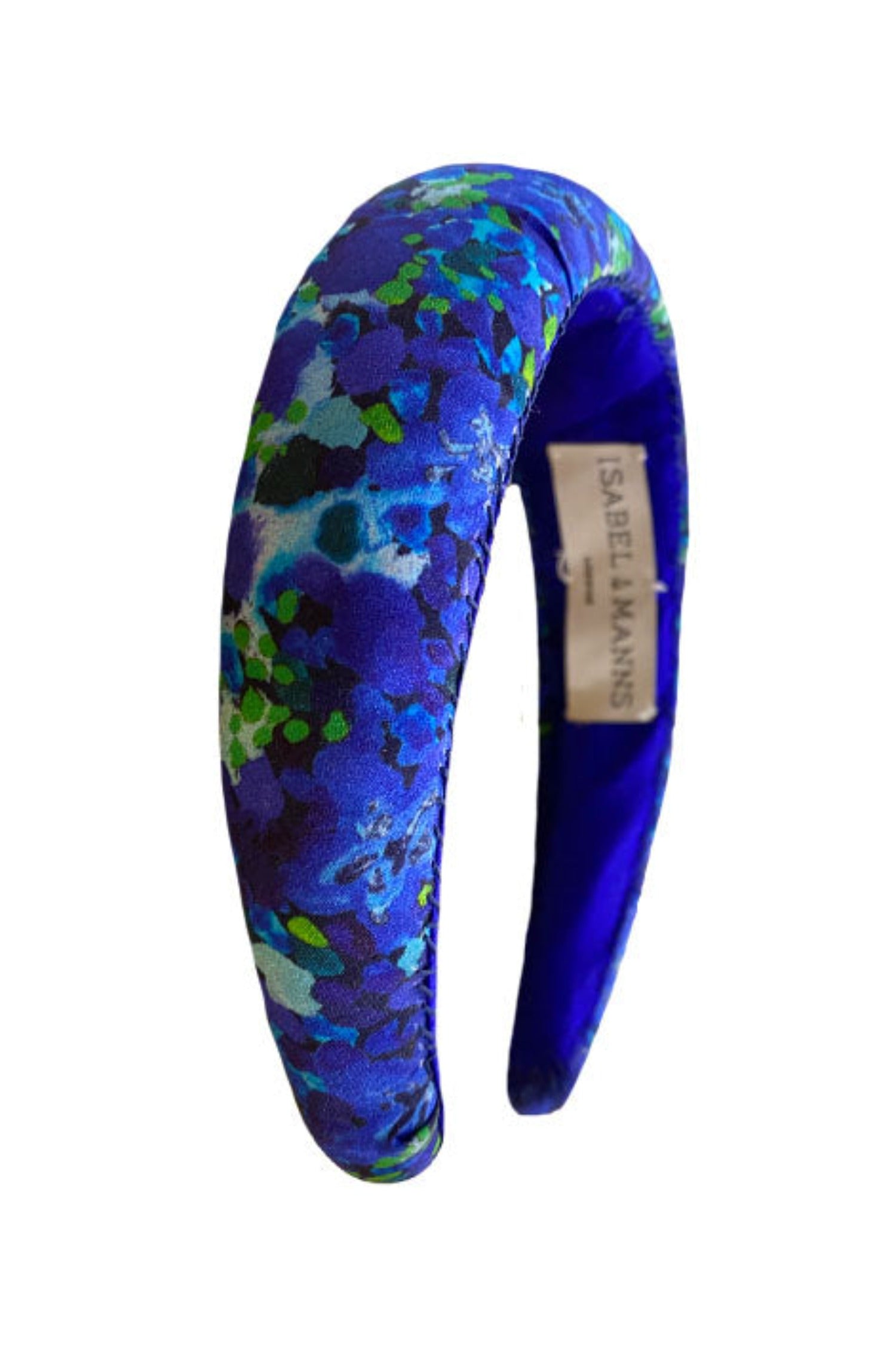 cut out image of aqua flora blue floral silk satin printed padded headband made from surplus fabric in UK