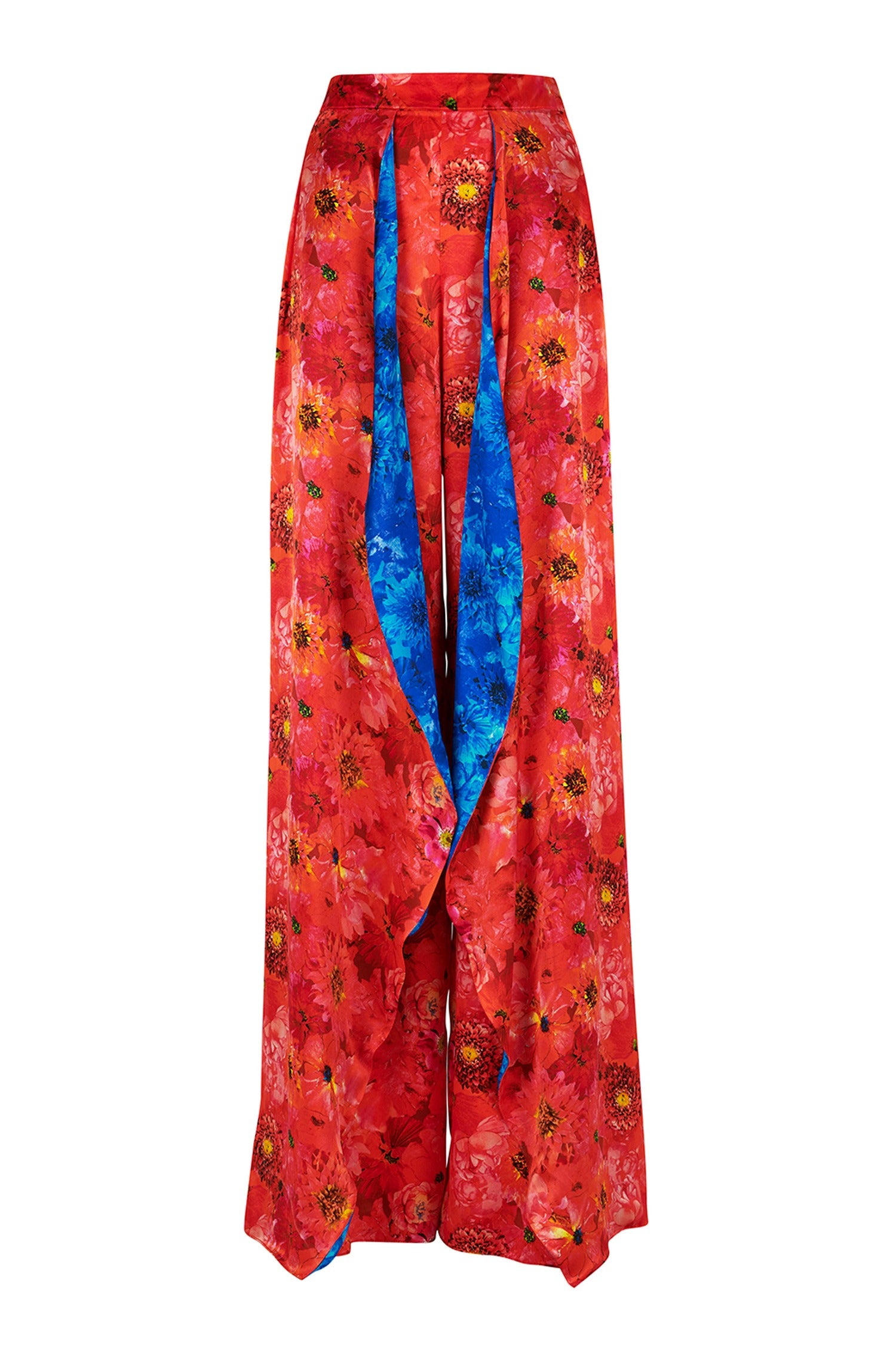An Isabel Manns wide leg wrap around style silk satin trousers in vibrant floral coral print and vibrant floral blue print.