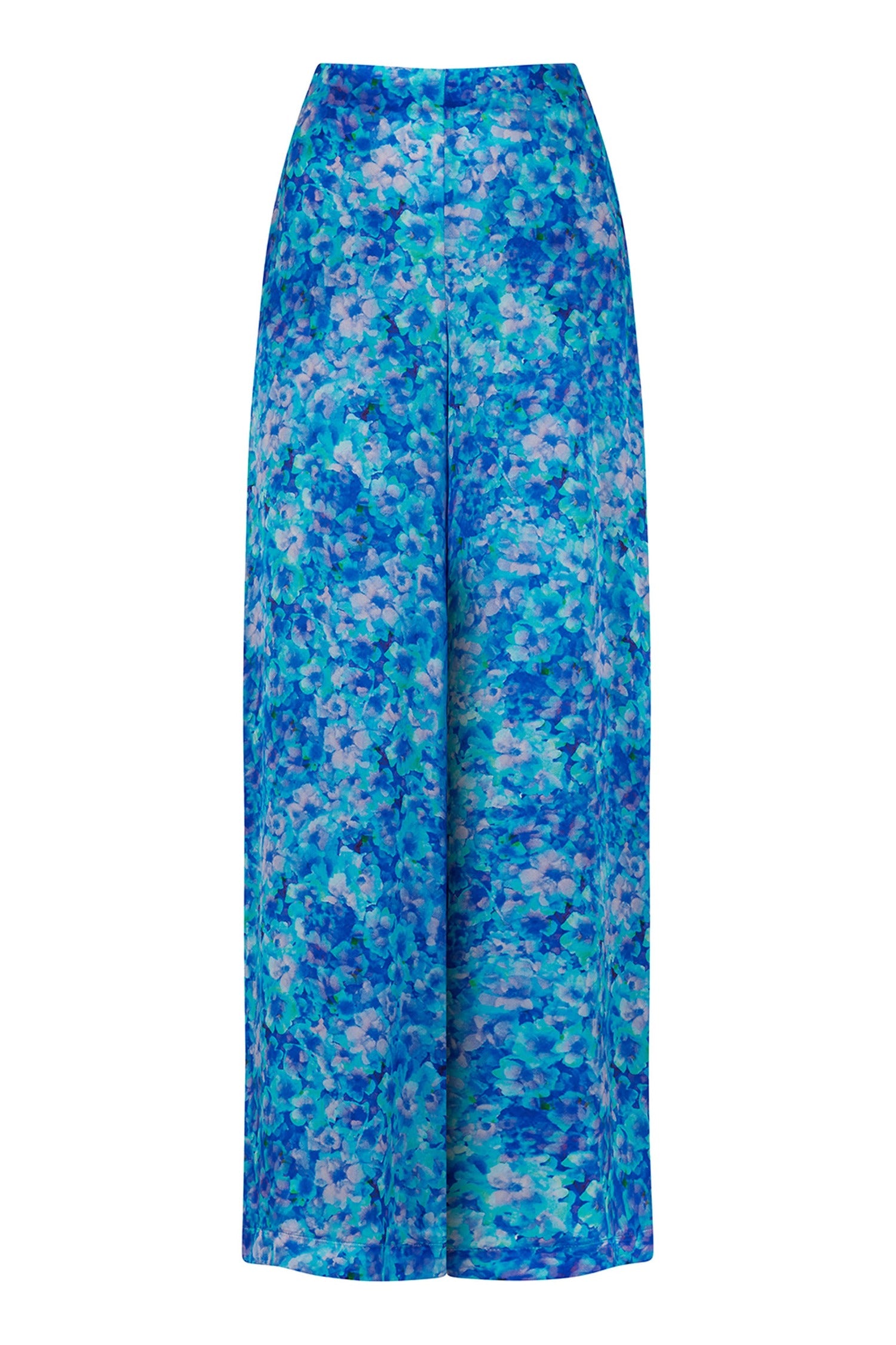 An Isabel Manns high waisted palazzo pants in silk satin turquoise print.