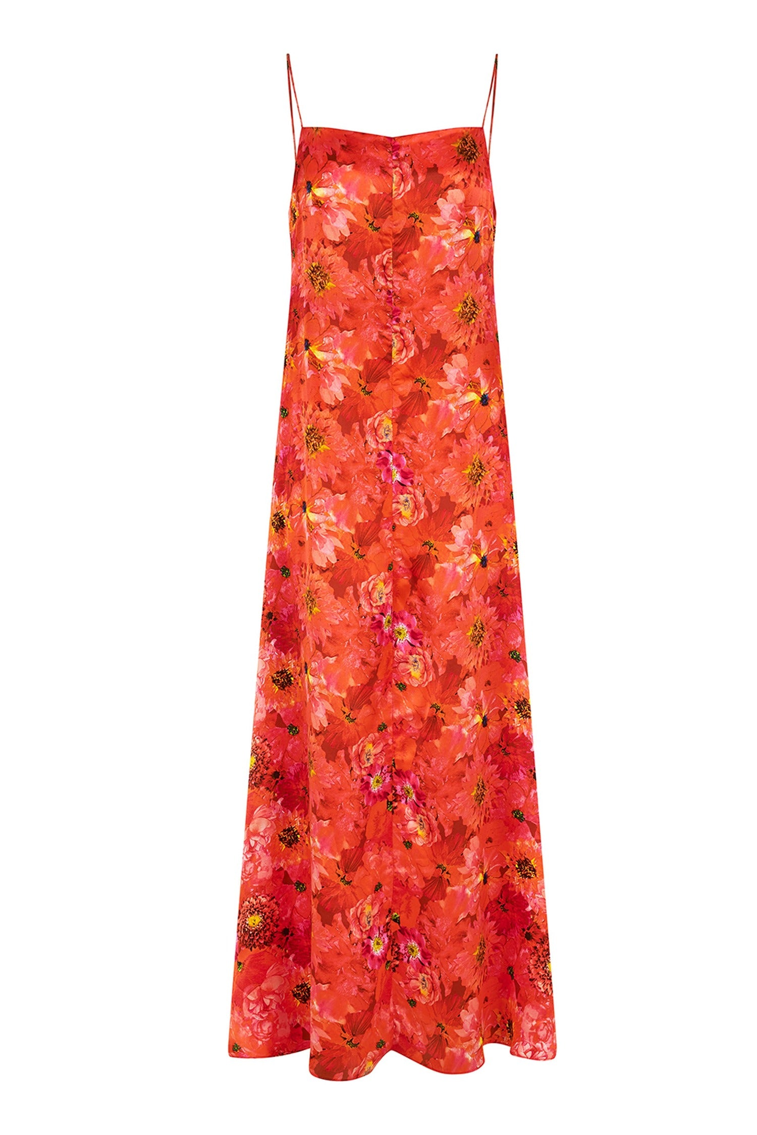 coral coloured floral printed silk satin long slip dress