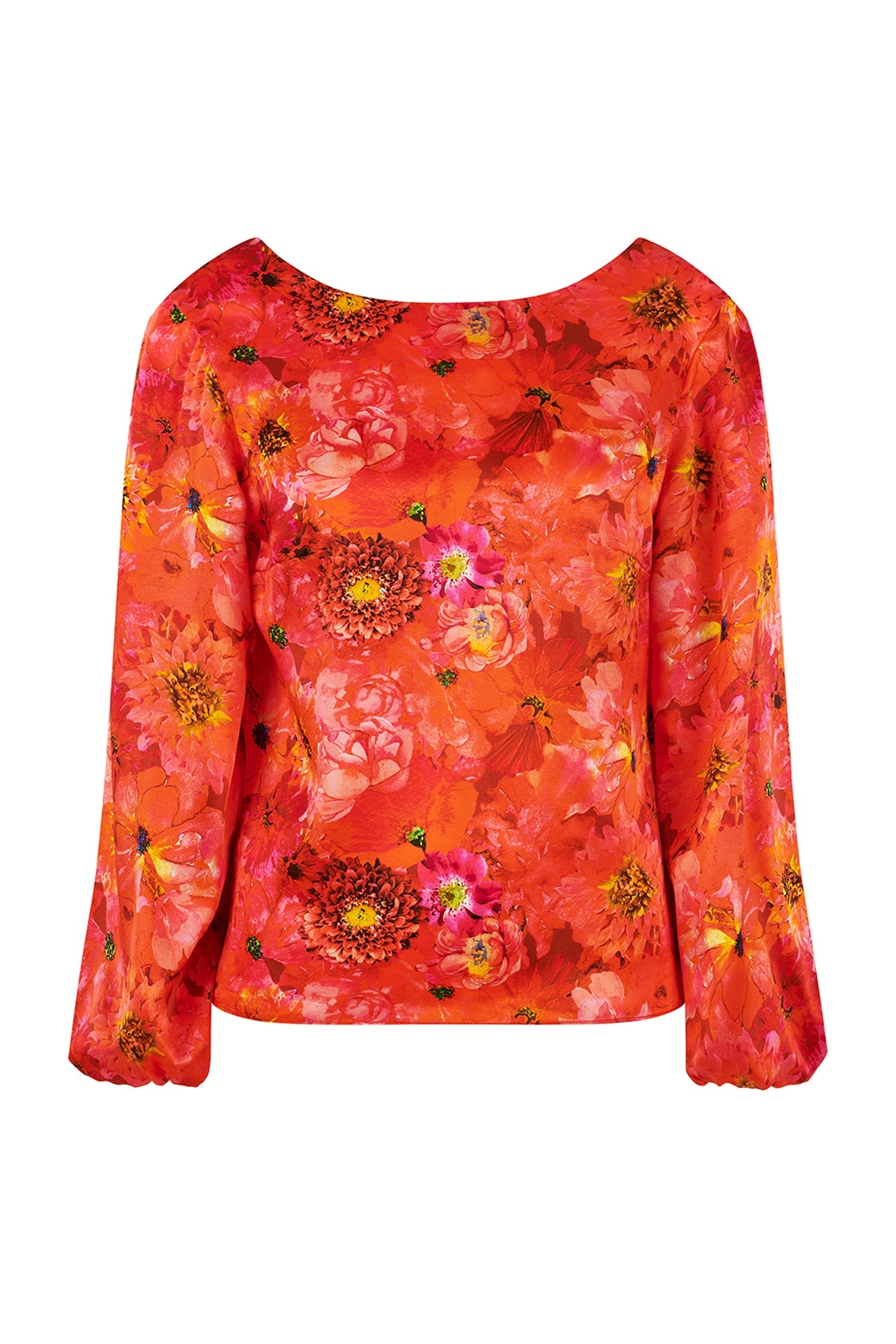 Long sleeve silk satin top with low back in coral floral print.