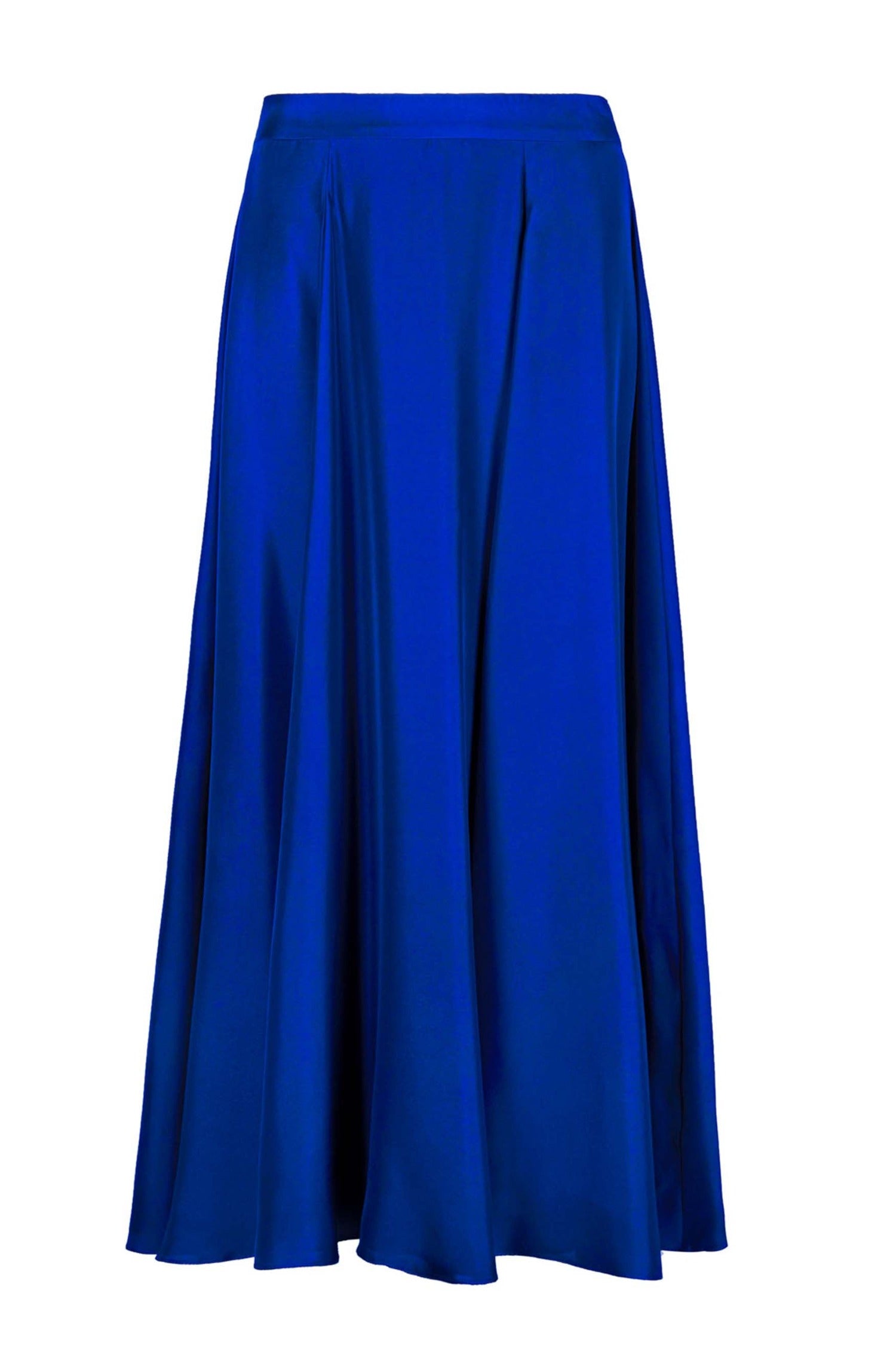 An Isabel Manns reversible voluminous a-line midi silk satin blue water print skirt.