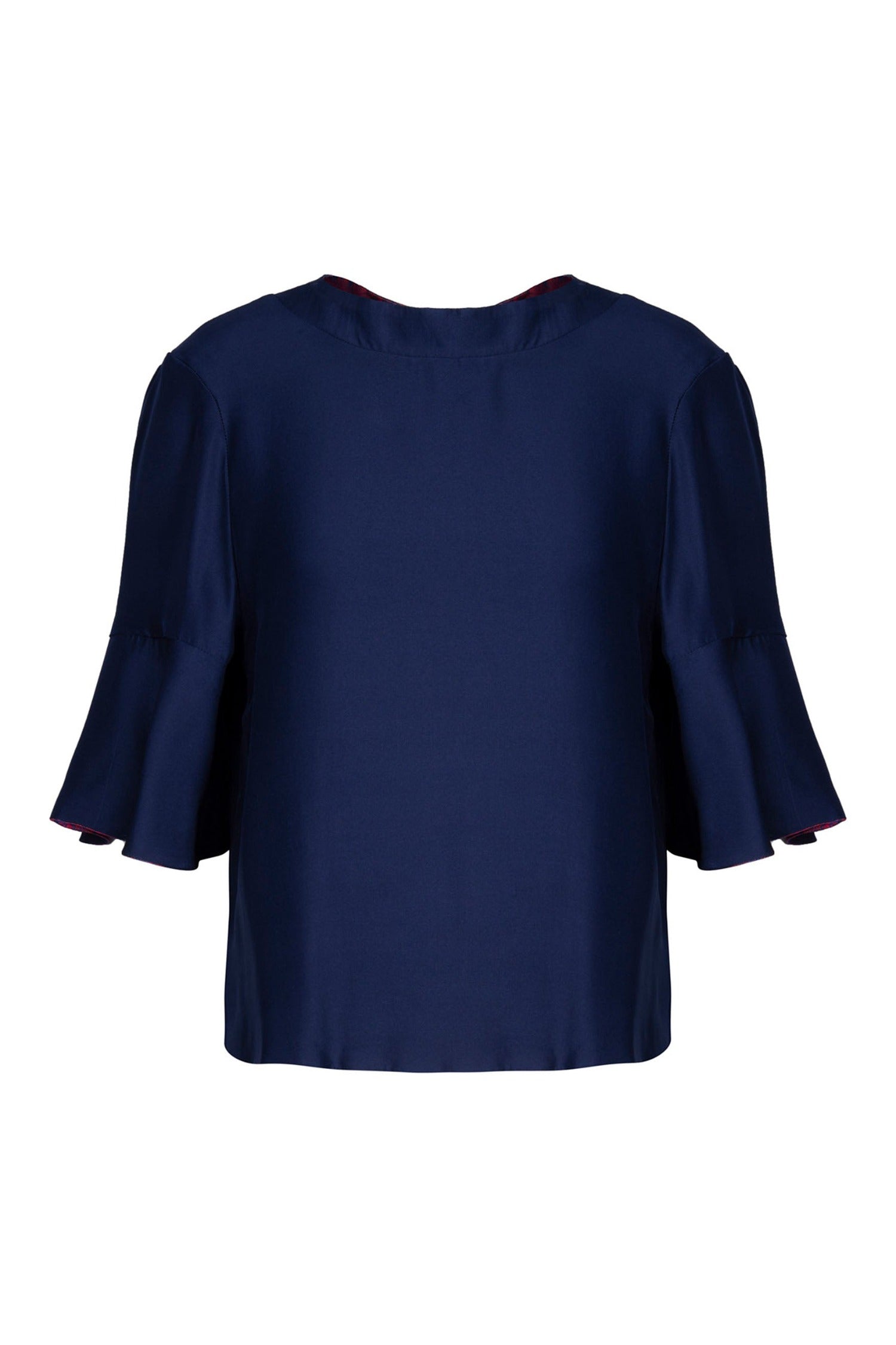 An Isabel Manns reversible peplum sleeve silk satin top with round neckline in navy.