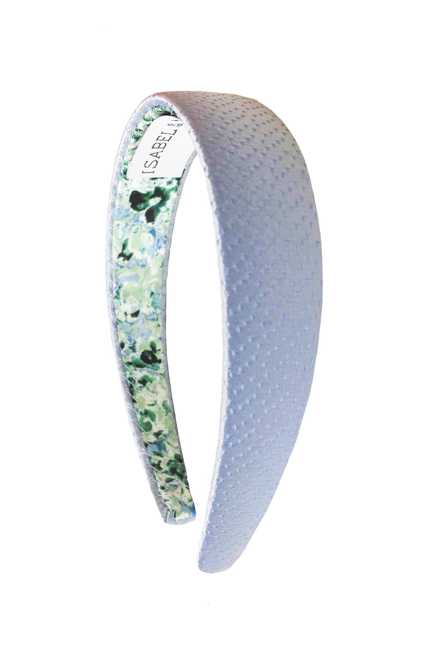 A dusty blue silk headband that is subtle and elegant