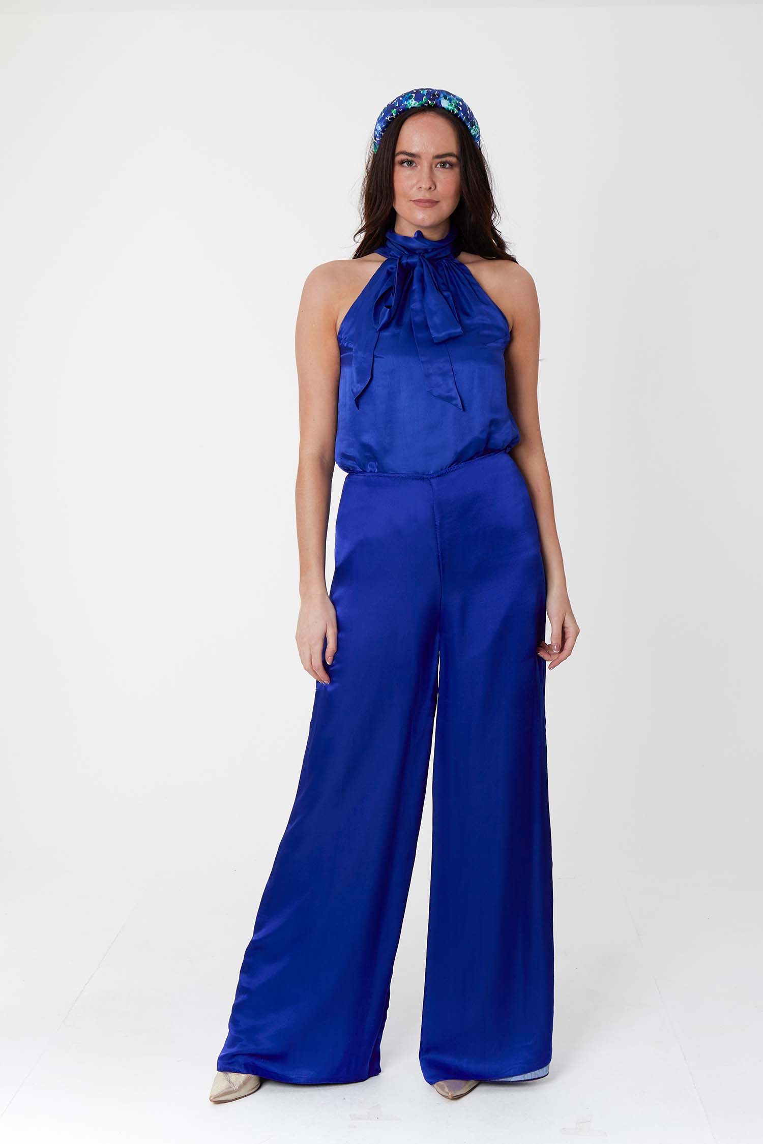 Reversible halter neck silk satin top with tie collar in cobalt and matching Phoebe Palazzo Pants Cobalt.