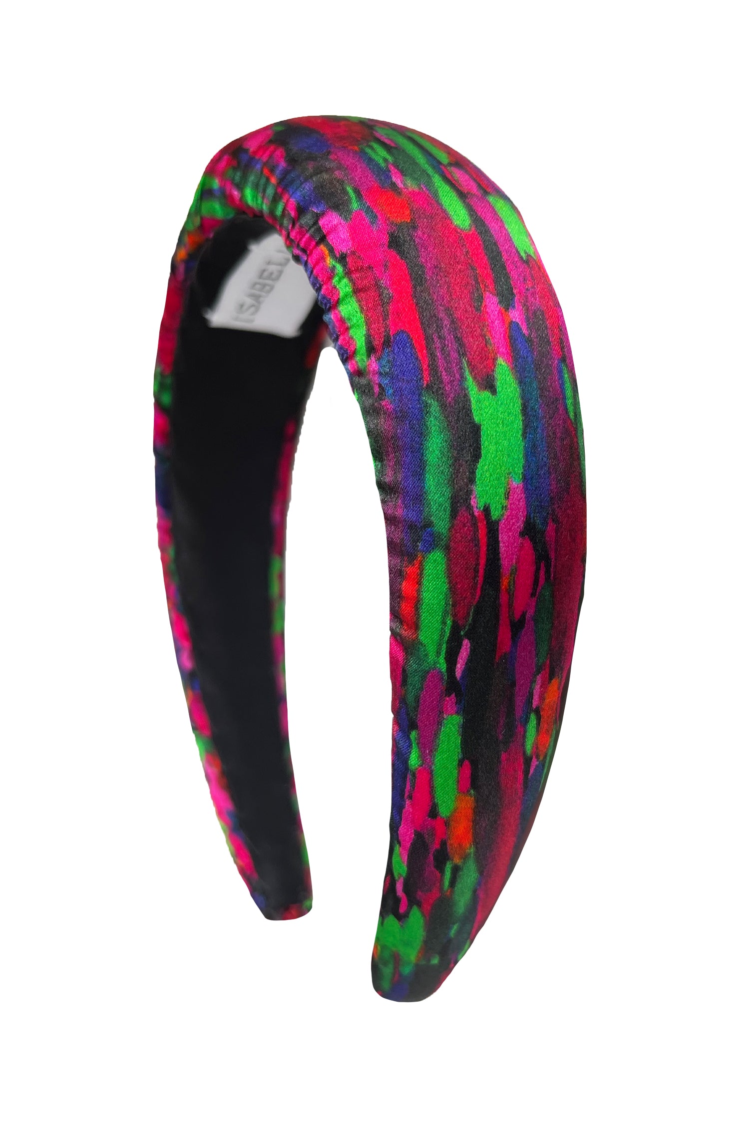 A vibrant and unique silk pink and green printed padded headband