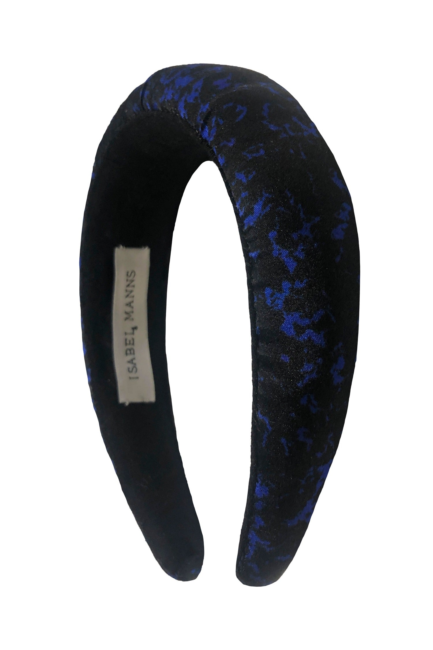 A neutral black printed silk satin headband made in London
