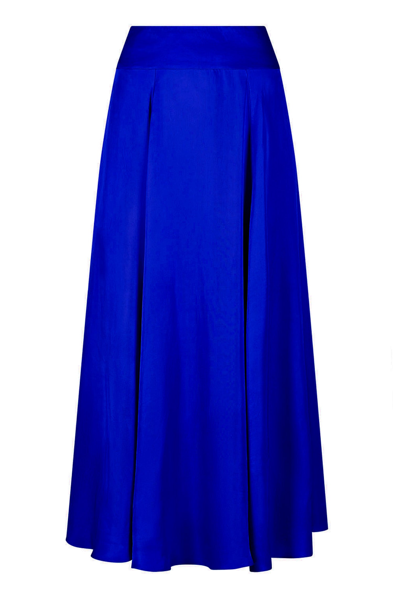 An Isabel Manns reversible voluminous a-line midi silk satin cobalt skirt.