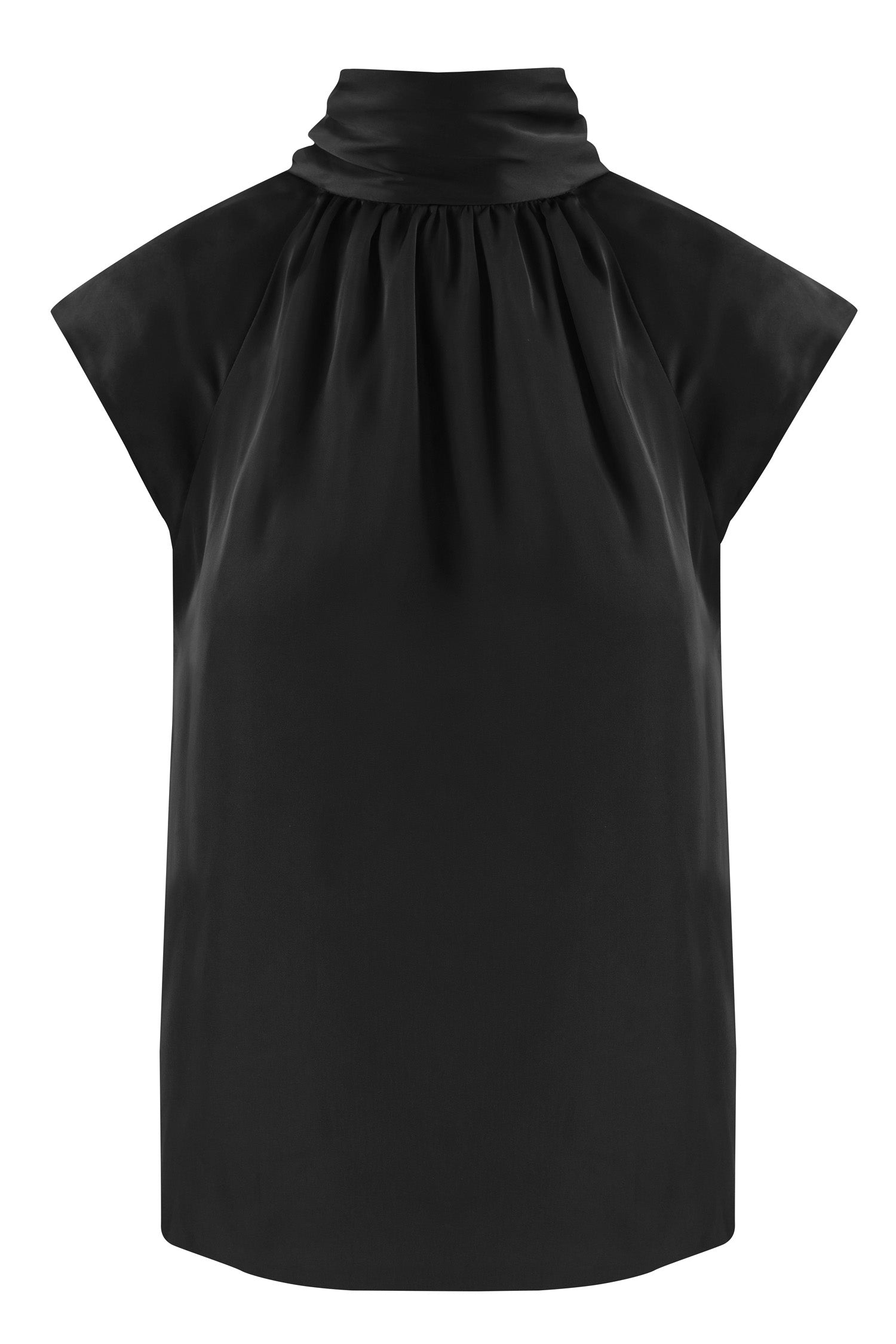 Reversible halter neck silk satin top with tie collar and cap sleeves in black.