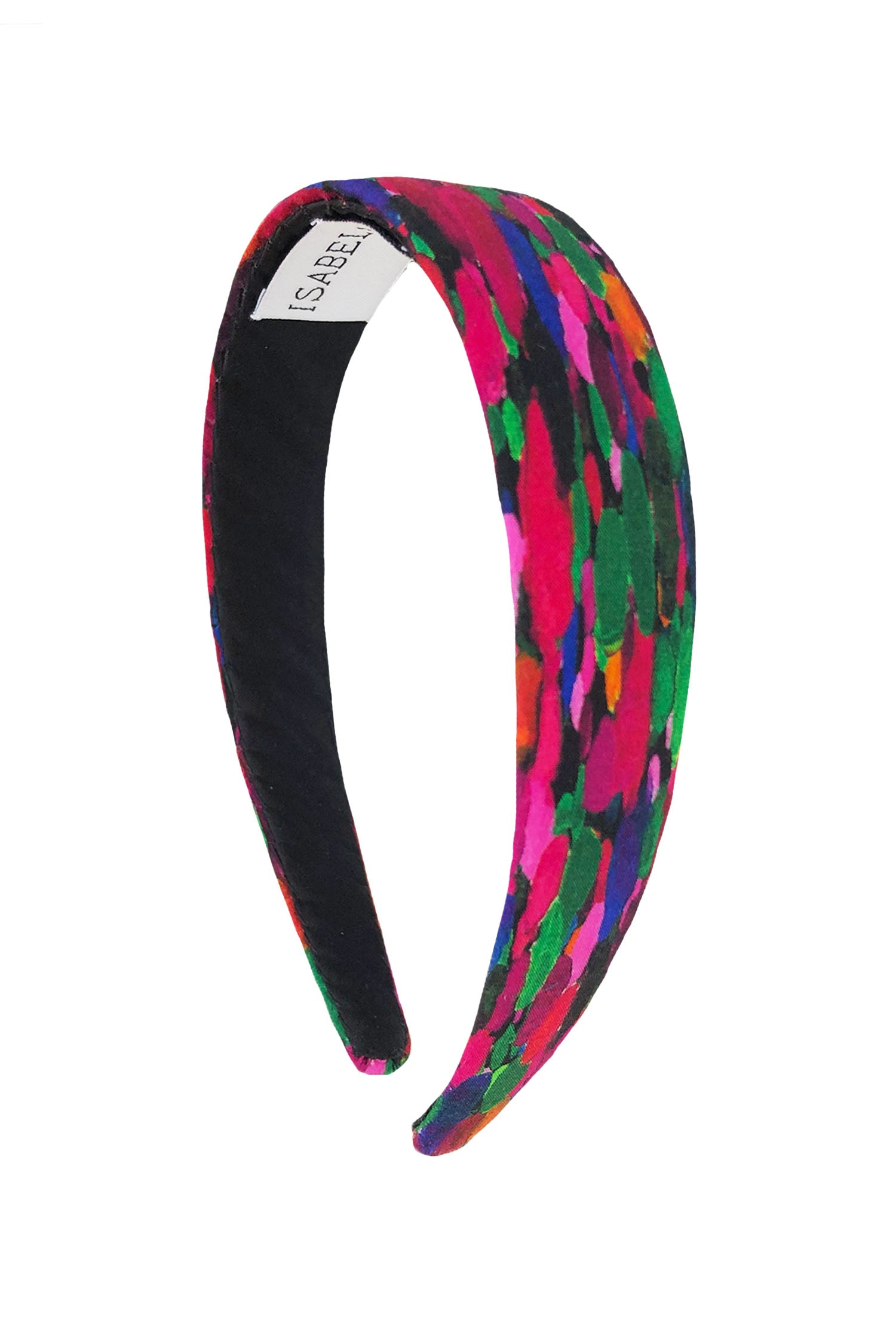 a pink and green printed headband sustainably made in London