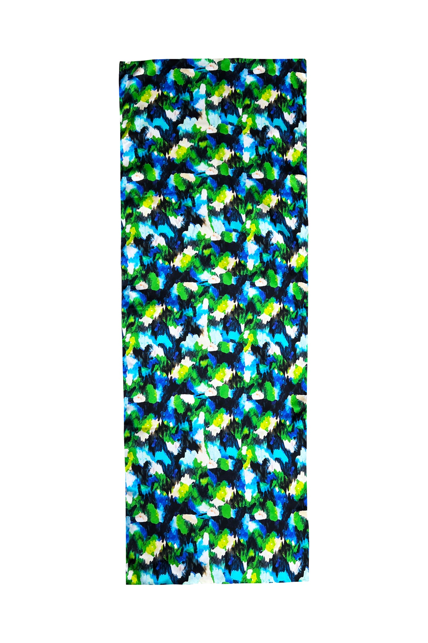 Long double-sided silk satin scarf in vibrant multicoloured print.