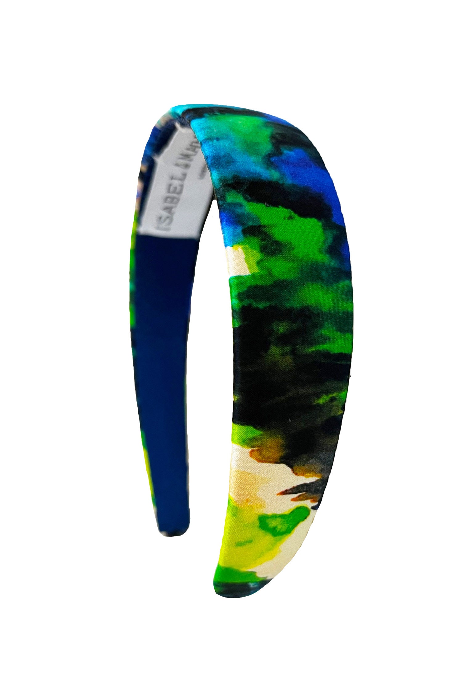 A vibrant green and blue printed silk satin headband
