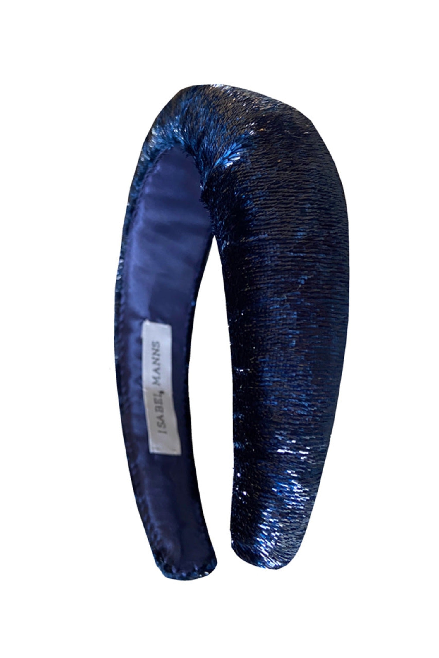 A unique and stylish shimmery and shiny navy velvet padded headband that will make you stand out and feel glamorous