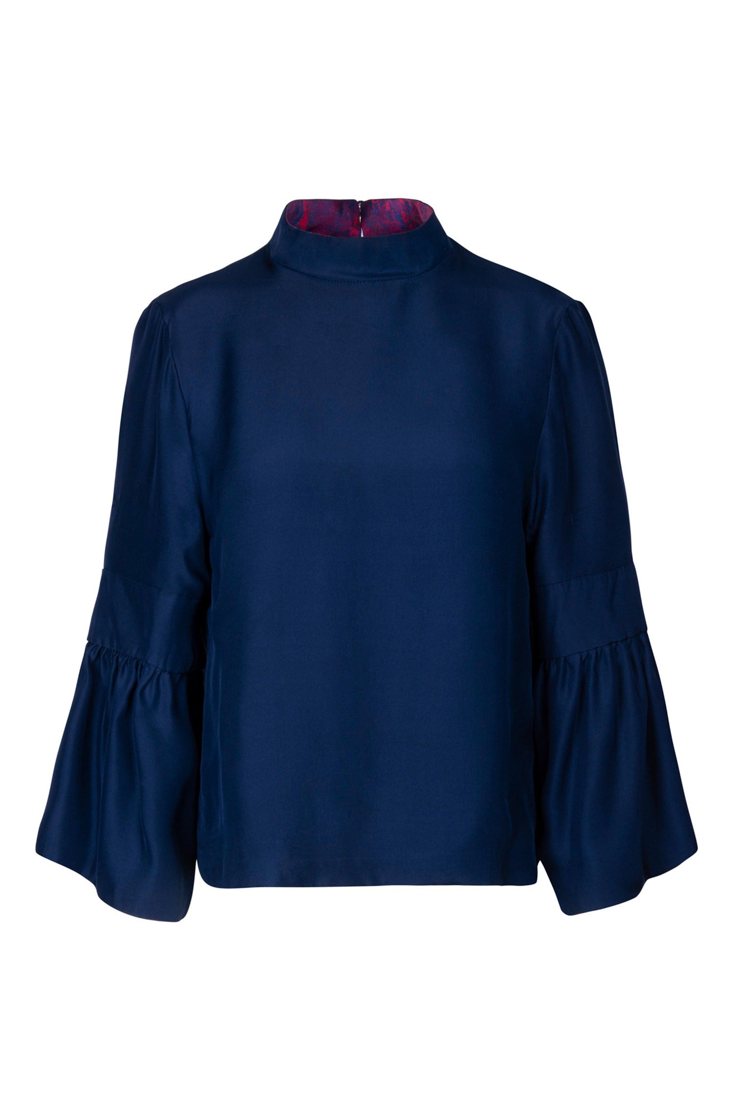 Reversible high neck sleeve silk satin top with ¾ sleeves in navy.