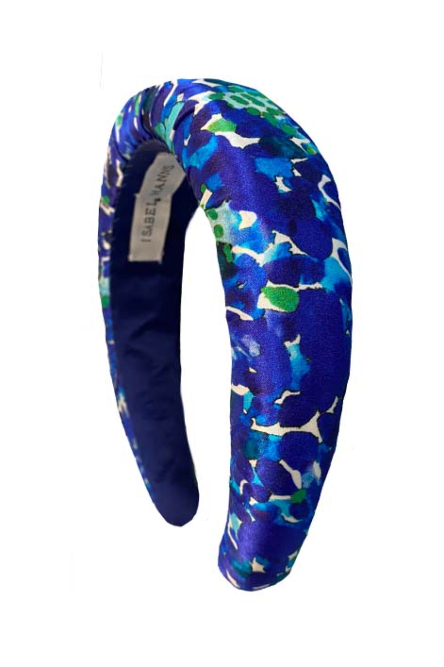 A beautiful blue and cobalt printed silk satin padded headband made in the UK