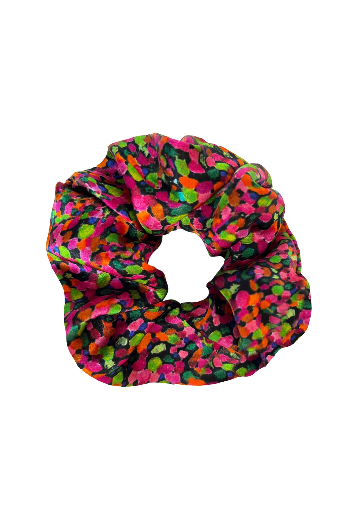 An Isabel Manns orange and pink dotted print silk satin scrunchie.