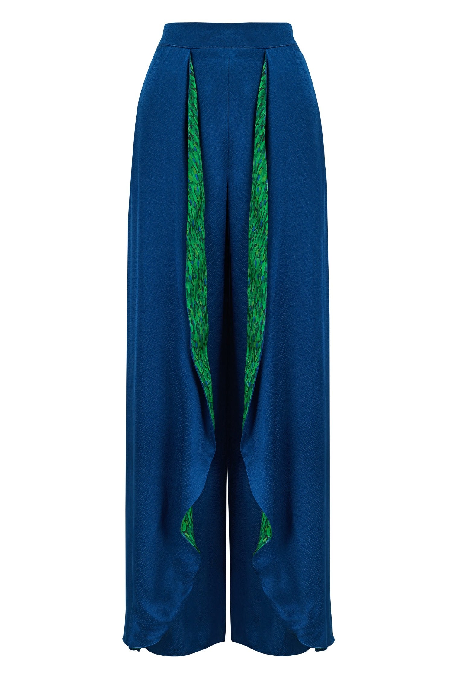 An Isabel Manns wide leg wrap around style silk viscose trousers in navy and contrasting vibrant green print lining.