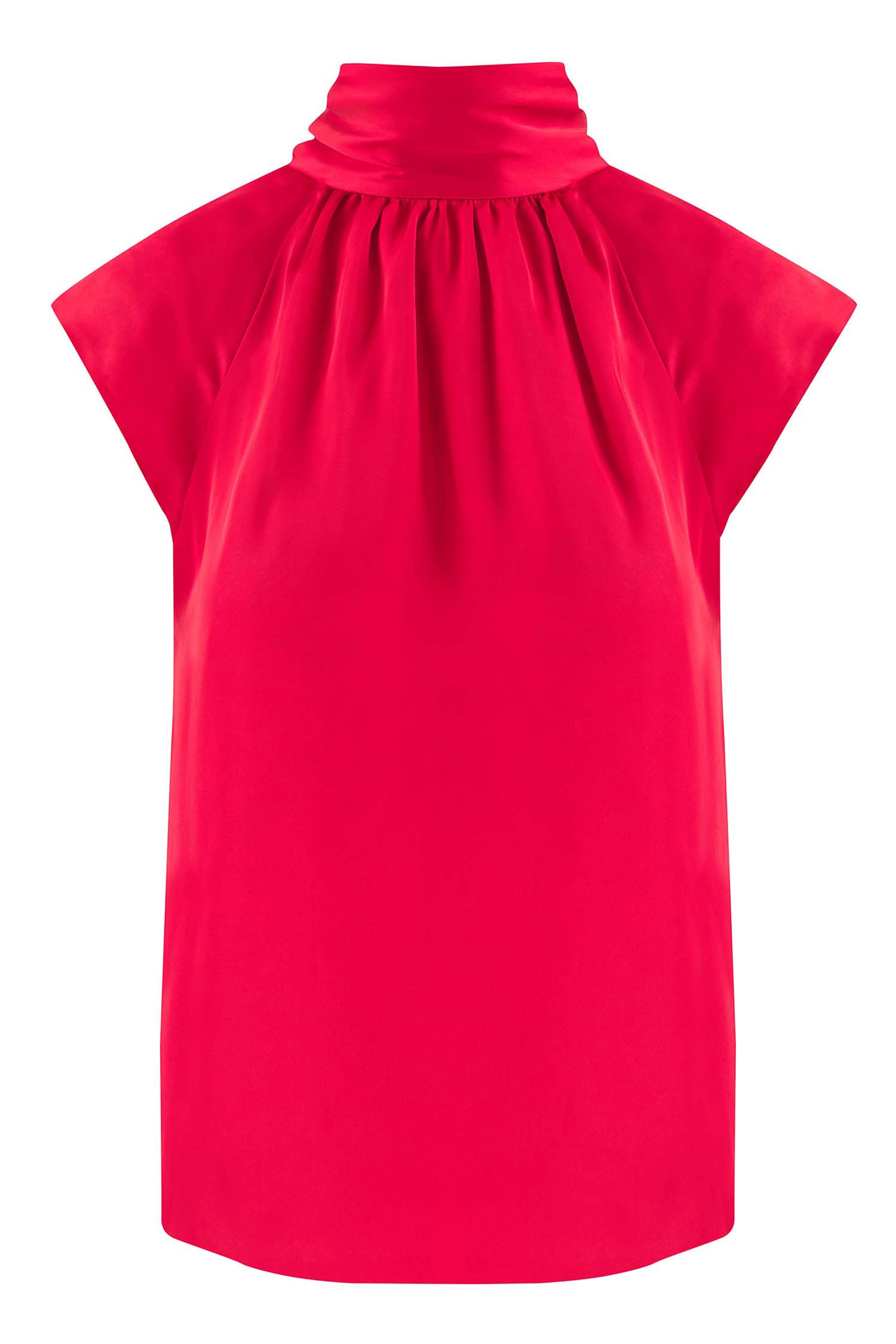 Reversible halter neck silk satin top with tie collar and cap sleeves in Raspberry Pink.