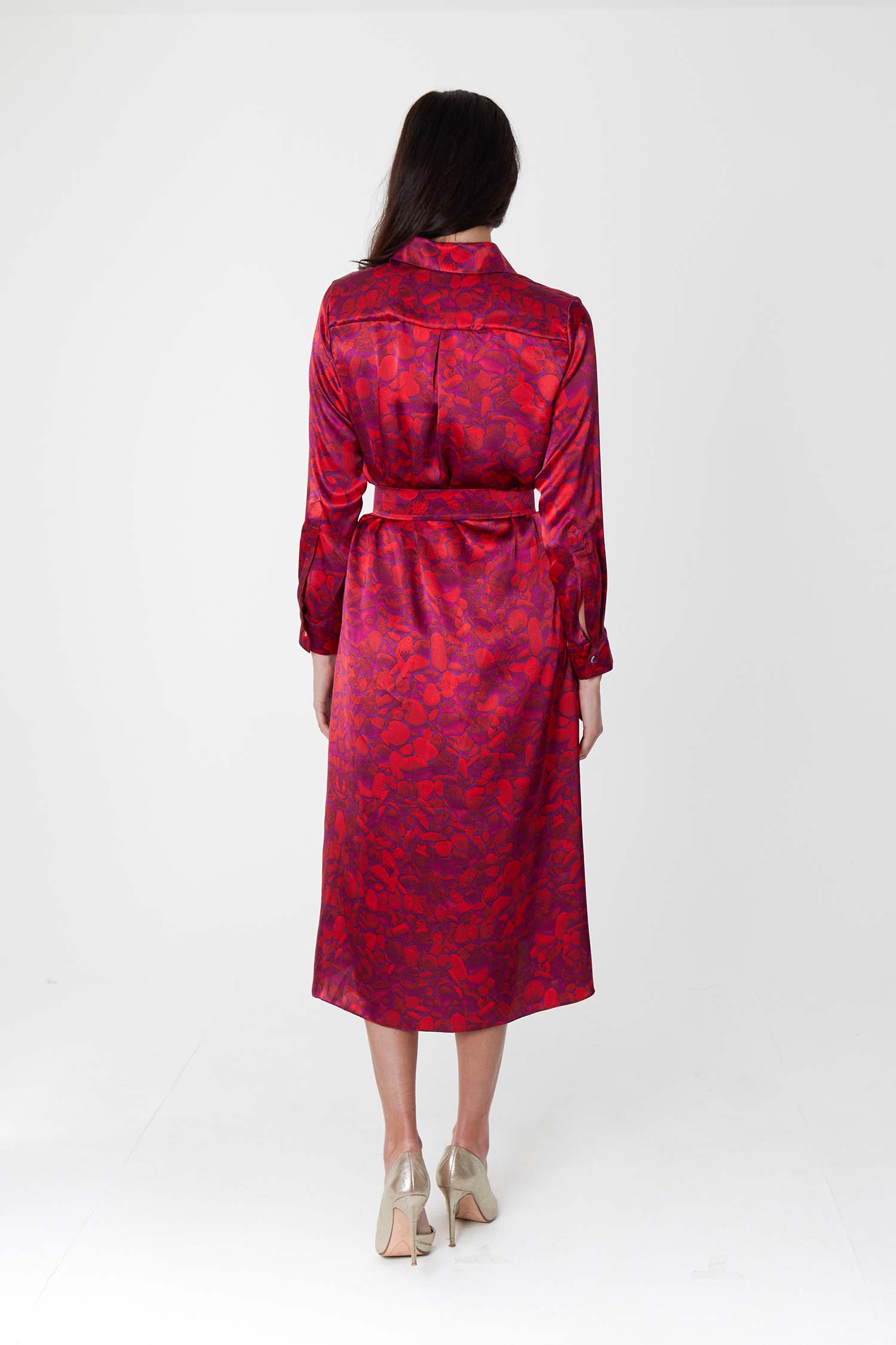 Esme Silk Satin Shirt Dress Scarlett Pebbles back view