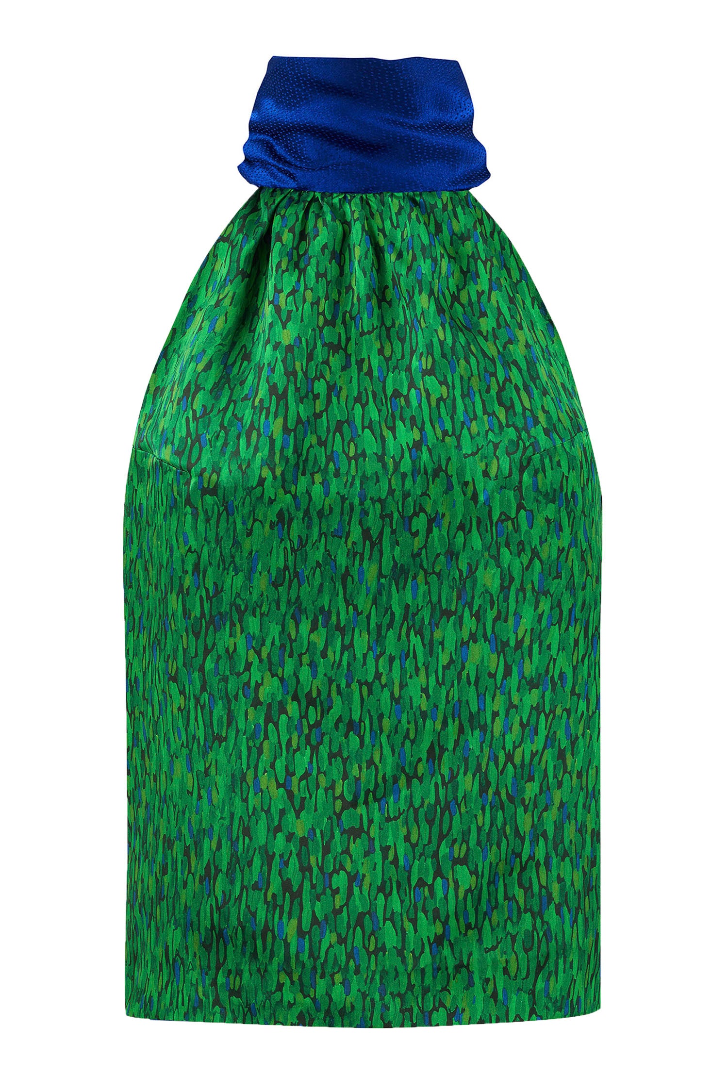 Reversible halter neck silk satin top with tie collar in vibrant green print.
