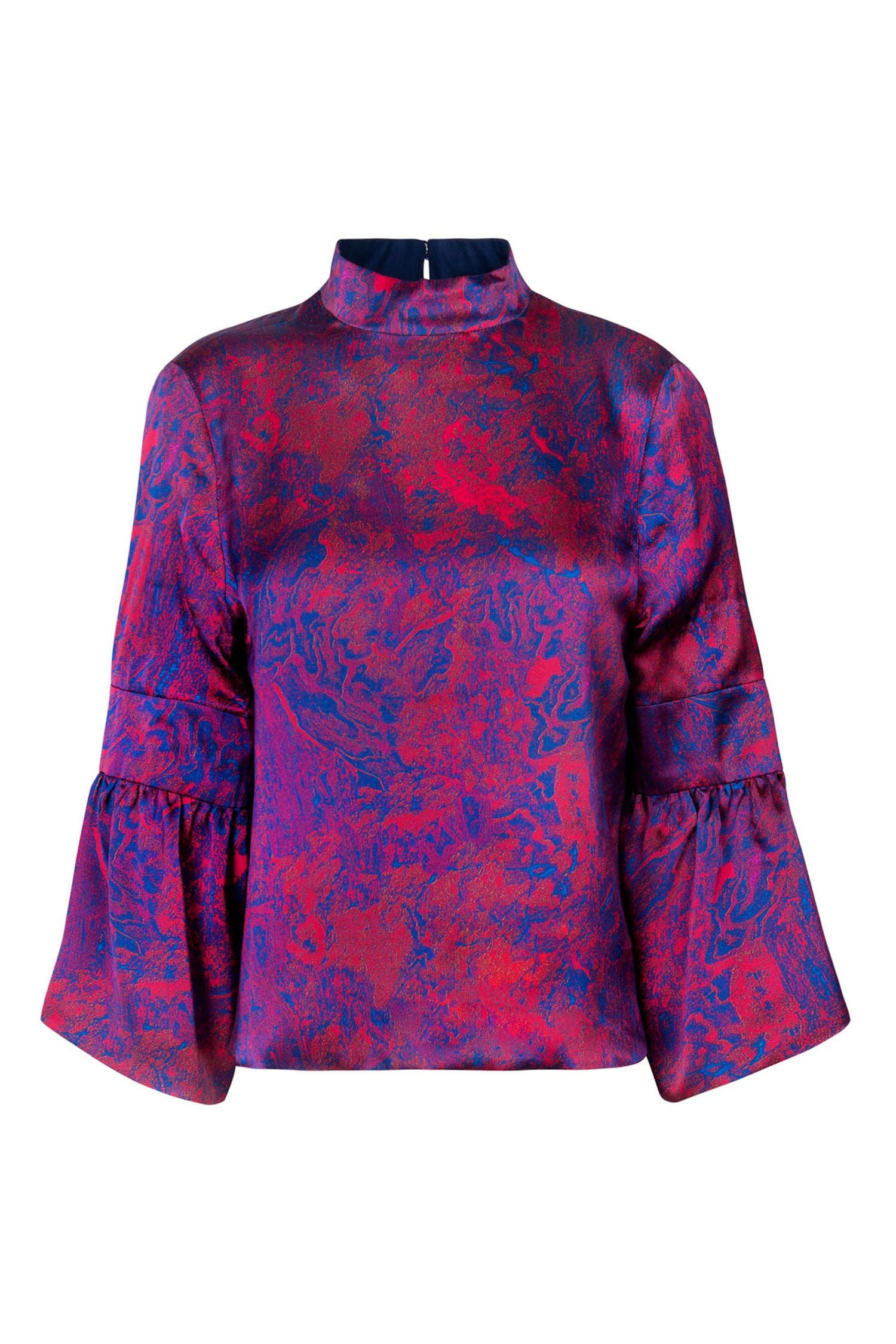 An Isabel Manns reversible high neck sleeve silk satin top with ¾ sleeves in red marble print.