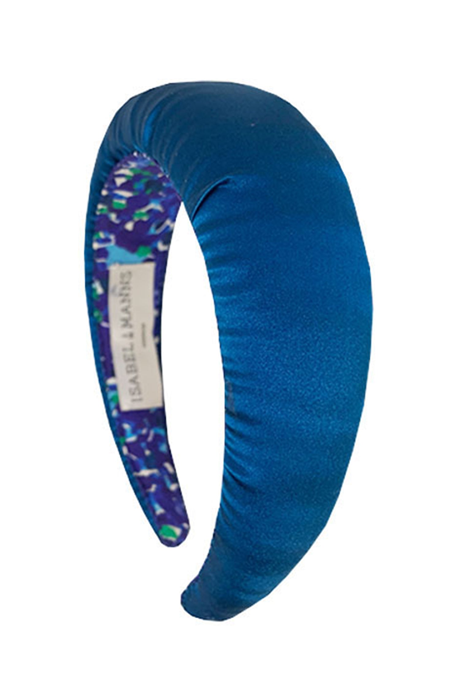 A silk satin teal padded headband that is sustainable and stylish