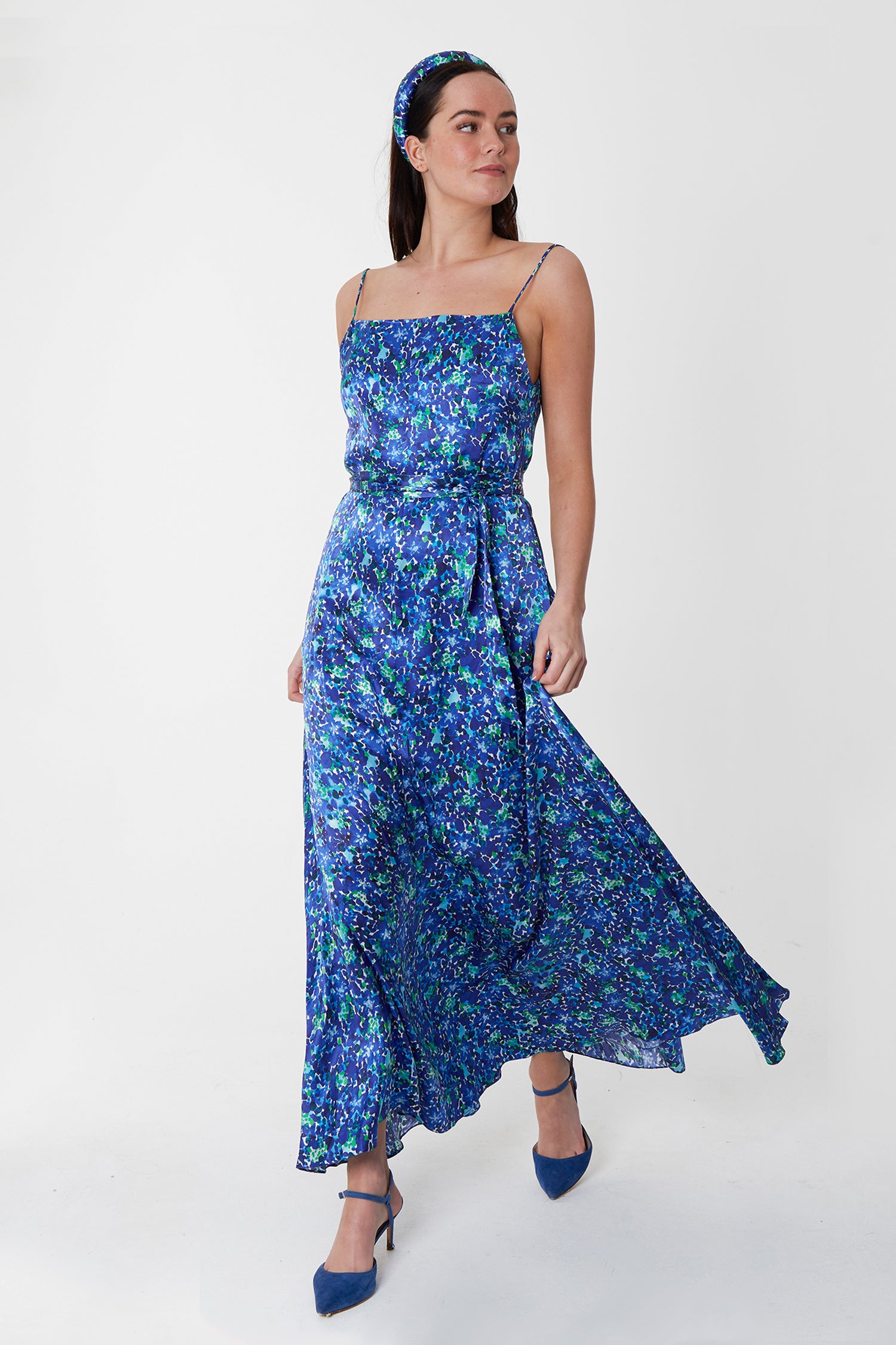a silk satin blue floral printed long slip dress