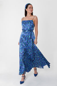 a silk satin blue floral printed long slip dress