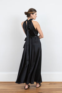 a black silk satin halter neck evening dress