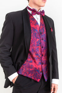 silk satin printed single breasted waiscoat with matching pocket square and bow tie