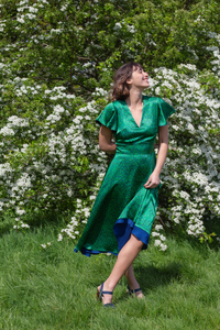 REVERSIBLE Chloe Silk Satin Dress - Flecked Emerald/Textured Navy