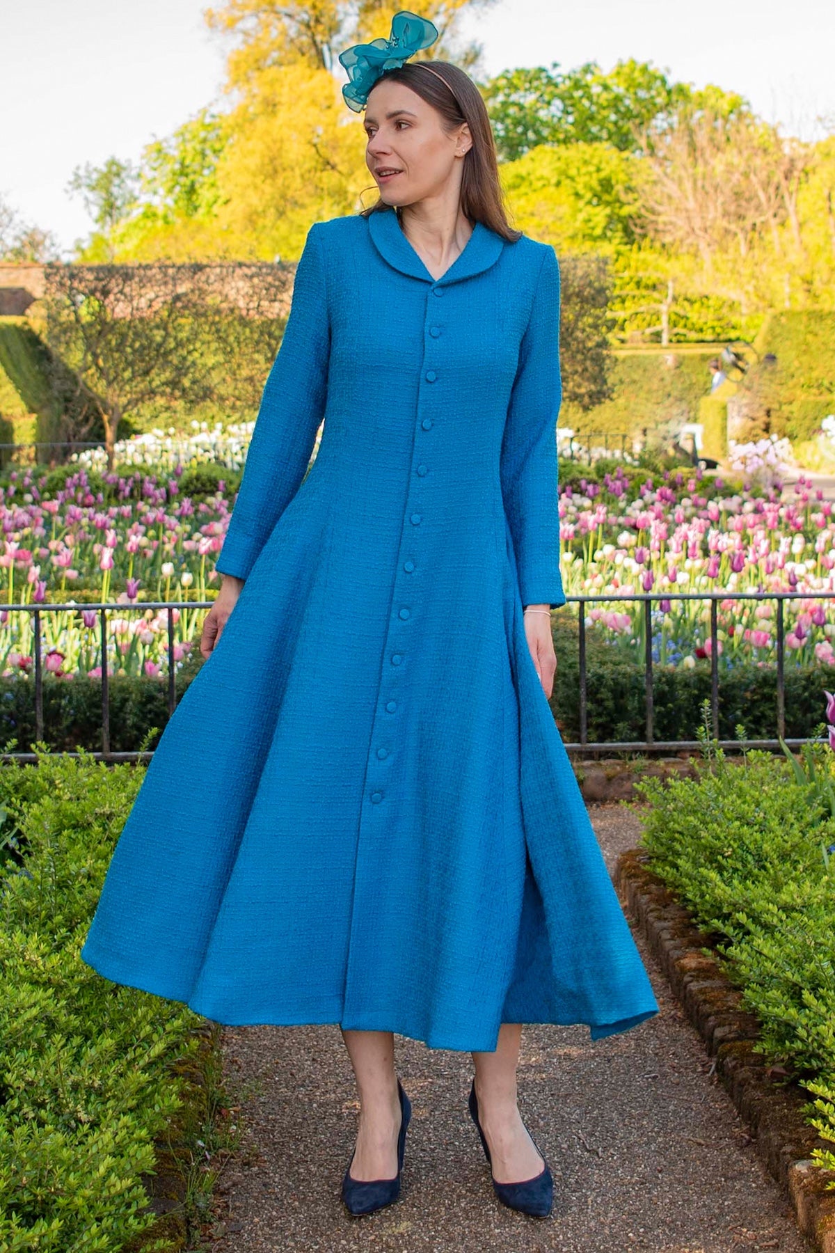 Aurora coat dress front view Teal Textured Wool