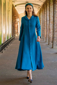 Aurora coat dress front view Teal Textured Wool