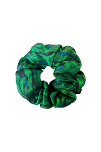 a green printed silk scrunchie