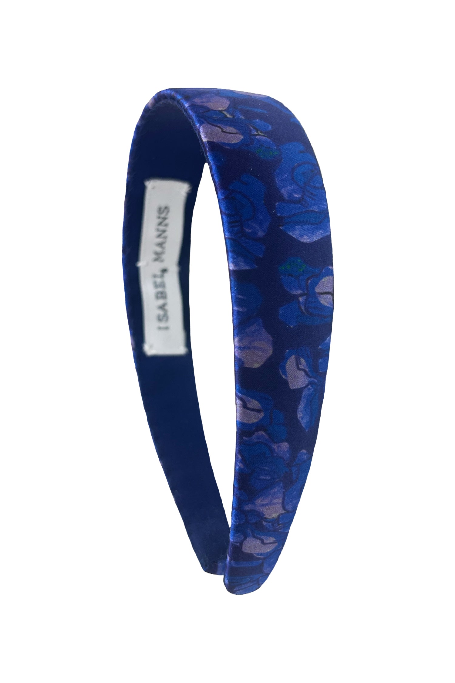 A silk satin blue floral headband