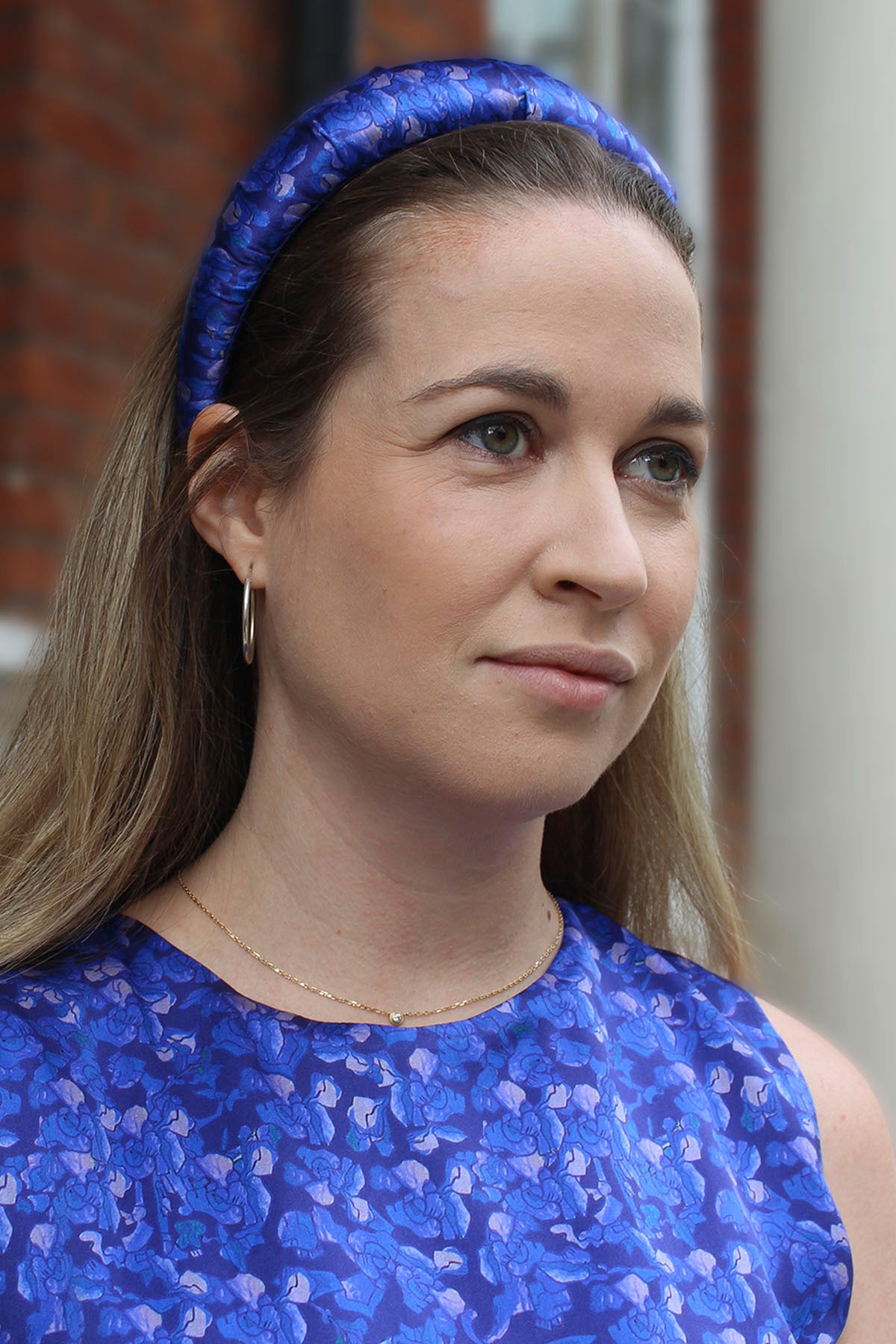 women wearing an indigo blue silk padded headband