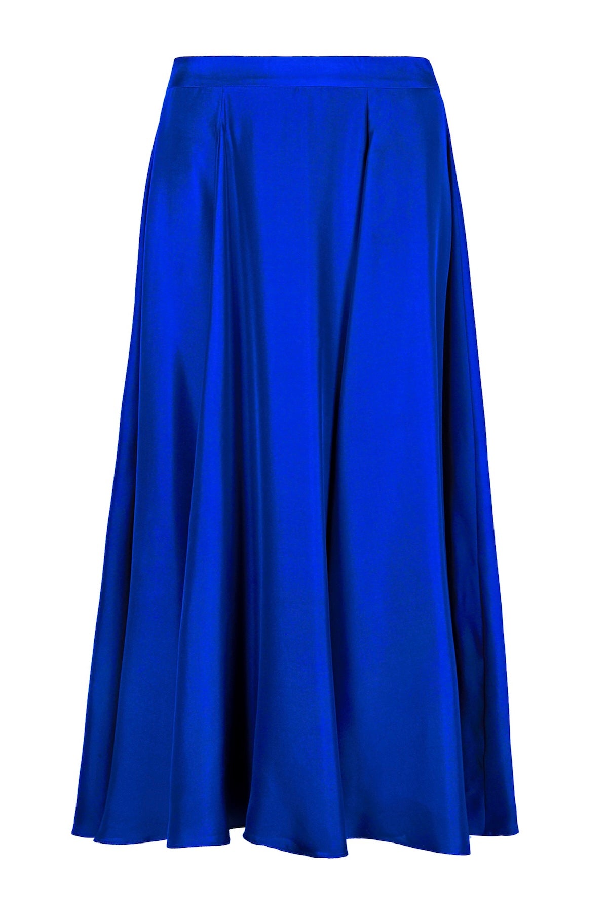 An Isabel Manns reversible voluminous a-line midi silk satin cobalt skirt.