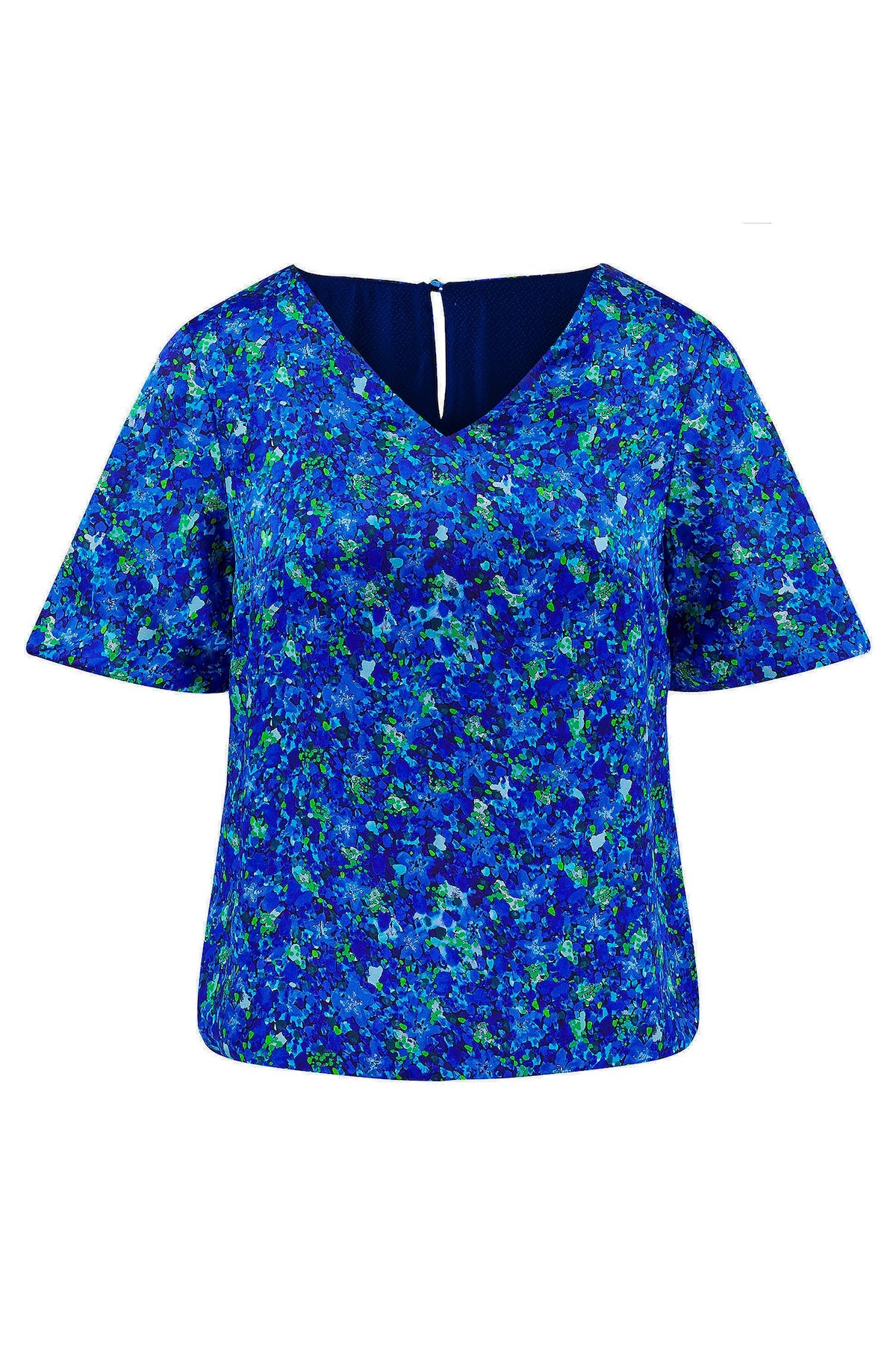 Reversible v-neck silk satin top with elbow length sleeves in blue floral print.