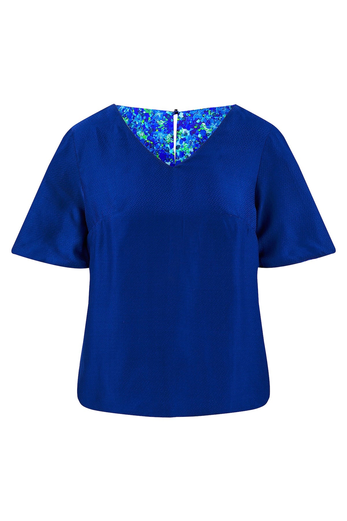 Reversible v-neck silk satin top with elbow length sleeves in navy.