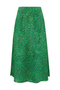 An Isabel Manns vibrant green silk printed Isabel Manns narrow a-line midi skirt with wide waistband.