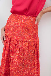 Close up shot of extra wide waistband and gathered detail from hips down.