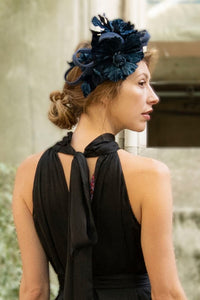 Navy floral wide band fascinator 