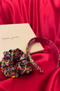 a gift box featuring a printed silk scrunchie and matching headband