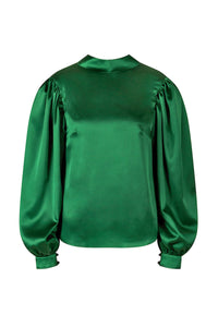 Reversible long wide sleeve silk satin top with a collar tie in emerald.