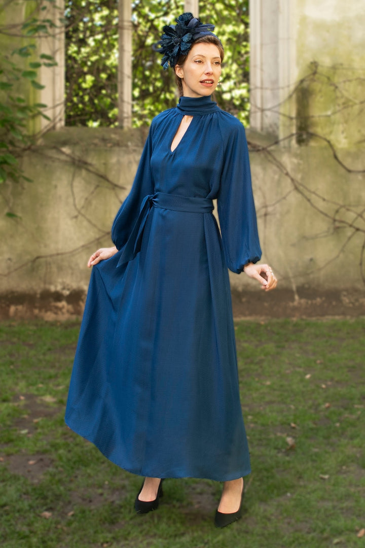 blue dress for baby girl Navy Dress Collection: A Long Navy Blue Dress with Long Cape Sleeves main image 0