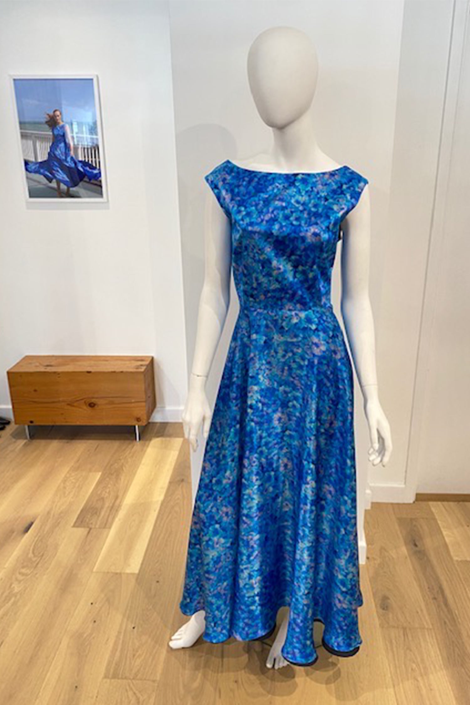 A customised and made to measure Reversible Caroline silk satin gown by Isabel Manns in a customers chosen turquoise floral printed fabric