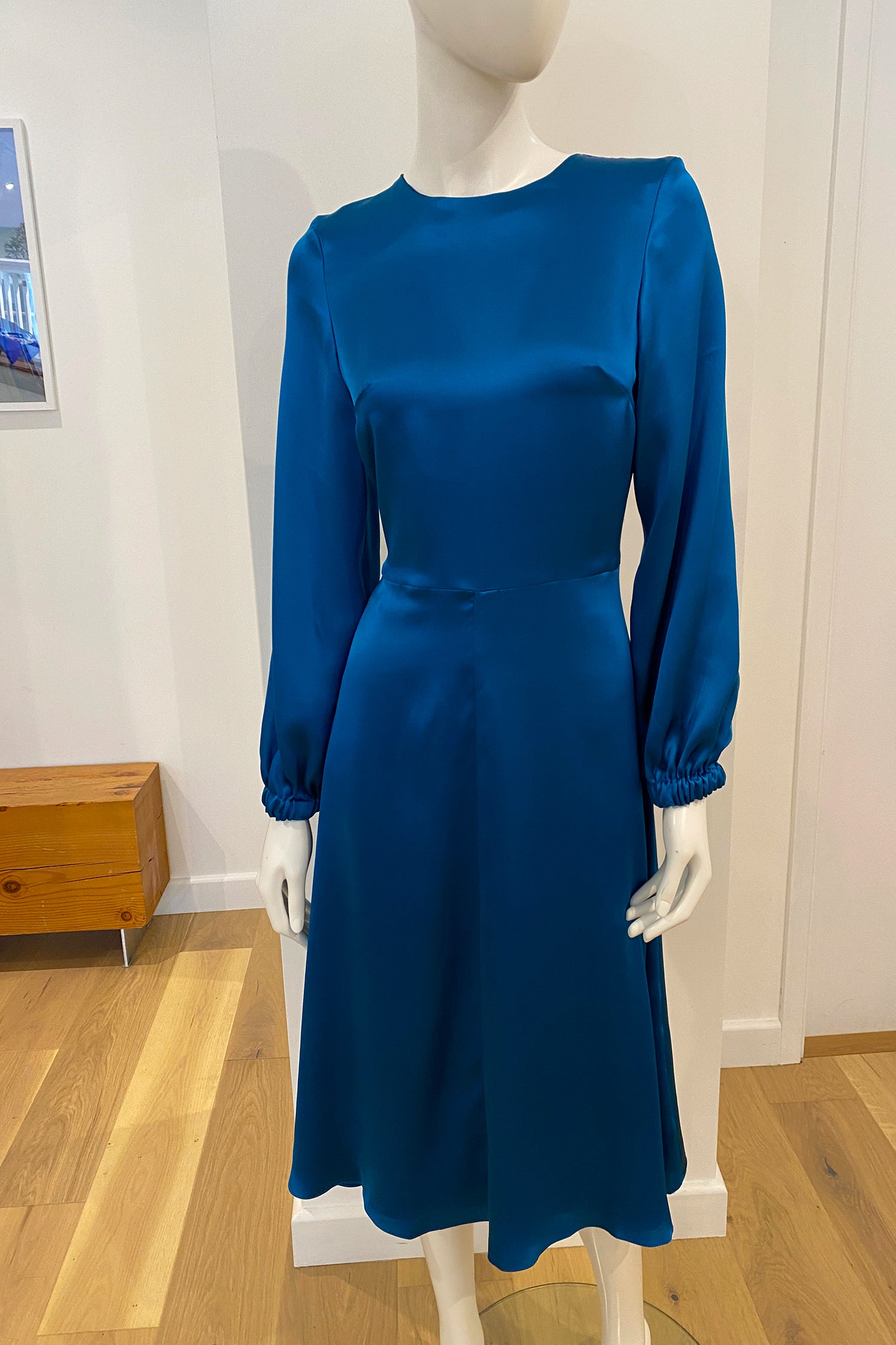 A customised Lucy silk satin dress by Isabel Manns in a customers chosen teal plain fabric