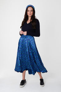 REVERSIBLE Emma Silk Satin Skirt - Aqua Flora/Textured Navy